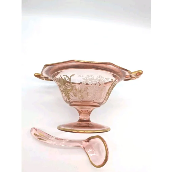 Pink Cambridge ? Gold Trim Mayonnaise Bowl and Ladle - Picture 5 of 9